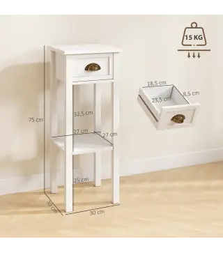 Juego de 2 Mesas Auxiliares Mesitas de Noche con Cajón y Estante de Almacenamiento para Dormitorio 30x30x75 cm Blanco