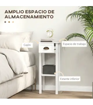 Juego de 2 Mesas Auxiliares Mesitas de Noche con Cajón y Estante de Almacenamiento para Dormitorio 30x30x75 cm Blanco