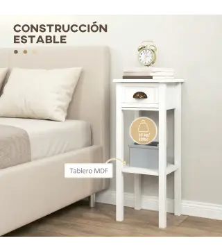 Juego de 2 Mesas Auxiliares Mesitas de Noche con Cajón y Estante de Almacenamiento para Dormitorio 30x30x75 cm Blanco