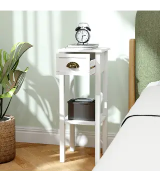 Juego de 2 Mesas Auxiliares Mesitas de Noche con Cajón y Estante de Almacenamiento para Dormitorio 30x30x75 cm Blanco