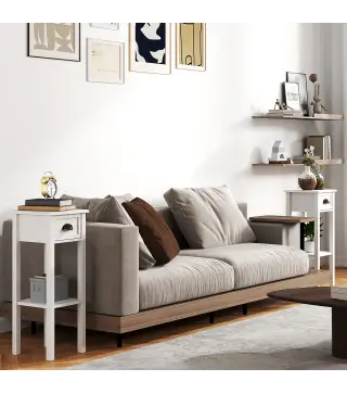 Juego de 2 Mesas Auxiliares Mesitas de Noche con Cajón y Estante de Almacenamiento para Dormitorio 30x30x75 cm Blanco