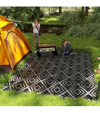 Alfombra de Exterior Reversible 182x274 cm con Patrón Geométrico de Rombos Impermeable Bolsa de Transporte Negro