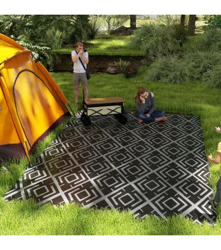 Alfombra de Exterior Reversible 182x274 cm con Patrón Geométrico de Rombos Impermeable Bolsa de Transporte Negro
