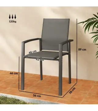 Juego de 2 Sillas de Jardín Exterior Apilables con Tela Transpirable Reposabrazos y Respaldo 56x58x89 cm Gris Oscuro