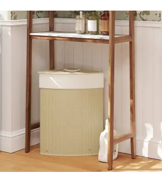 Cesto de Ropa de Bambú 55L, Cesto Triángulo con Bolsa Desmontable y Lavable, Tapa, Asa, 35x35x60cm, Natural