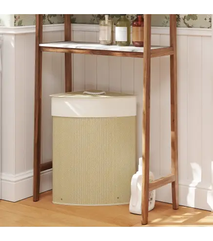 Cesto de Ropa de Bambú 55L, Cesto Triángulo con Bolsa Desmontable y Lavable, Tapa, Asa, 35x35x60cm, Natural