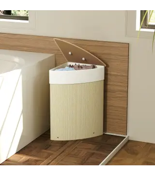 Cesto de Ropa de Bambú 55L, Cesto Triángulo con Bolsa Desmontable y Lavable, Tapa, Asa, 35x35x60cm, Natural