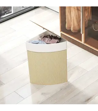 Cesto de Ropa de Bambú 55L, Cesto Triángulo con Bolsa Desmontable y Lavable, Tapa, Asa, 35x35x60cm, Natural