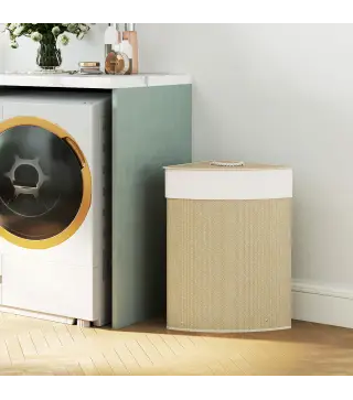 Cesto de Ropa de Bambú 55L, Cesto Triángulo con Bolsa Desmontable y Lavable, Tapa, Asa, 35x35x60cm, Natural