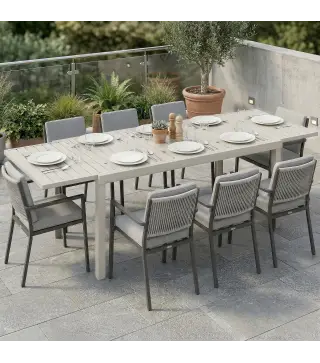 Mesa de Jardín Extensible 150/225x85x75 cm Mesa de Comedor de Aluminio con Tablero de Listones para 6-8 Personas Blanco