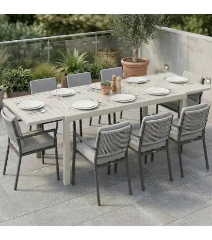Mesa de Jardín Extensible 150/225x85x75 cm Mesa de Comedor de Aluminio con Tablero de Listones para 6-8 Personas Blanco