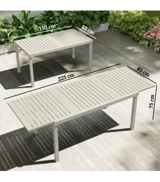 Mesa de Jardín Extensible 150/225x85x75 cm Mesa de Comedor de Aluminio con Tablero de Listones para 6-8 Personas Blanco