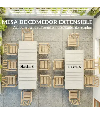 Mesa de Jardín Extensible 150/225x85x75 cm Mesa de Comedor de Aluminio con Tablero de Listones para 6-8 Personas Blanco