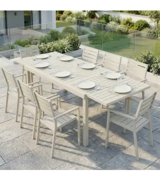 Mesa de Jardín Extensible 150/225x85x75 cm Mesa de Comedor de Aluminio con Tablero de Listones para 6-8 Personas Blanco