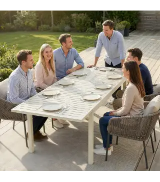 Mesa de Jardín Extensible 150/225x85x75 cm Mesa de Comedor de Aluminio con Tablero de Listones para 6-8 Personas Blanco