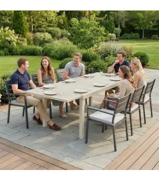 Mesa de Jardín Extensible 150/225x85x75 cm Mesa de Comedor de Aluminio con Tablero de Listones para 6-8 Personas Blanco