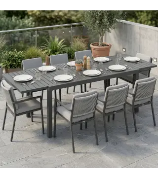 Mesa de Jardín Extensible 150/225x85x75 cm Mesa de Comedor de Aluminio con Tablero de Listones para 6-8 Personas Gris