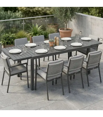 Mesa de Jardín Extensible 150/225x85x75 cm Mesa de Comedor de Aluminio con Tablero de Listones para 6-8 Personas Gris