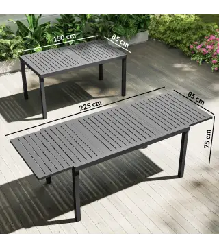 Mesa de Jardín Extensible 150/225x85x75 cm Mesa de Comedor de Aluminio con Tablero de Listones para 6-8 Personas Gris