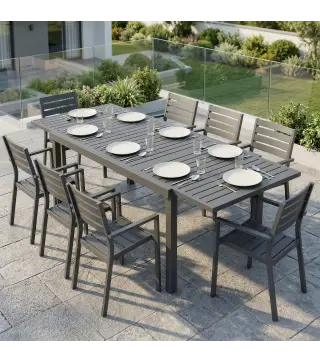 Mesa de Jardín Extensible 150/225x85x75 cm Mesa de Comedor de Aluminio con Tablero de Listones para 6-8 Personas Gris