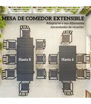 Mesa de Jardín Extensible 150/225x85x75 cm Mesa de Comedor de Aluminio con Tablero de Listones para 6-8 Personas Gris