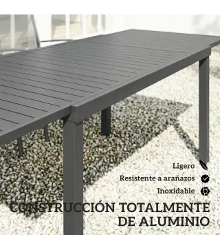 Mesa de Jardín Extensible 150/225x85x75 cm Mesa de Comedor de Aluminio con Tablero de Listones para 6-8 Personas Gris