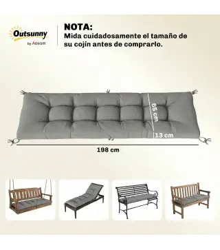 Cojín para Banco Exterior con Correas de Sujeción Protección UV50+ Rebote Lento Interior Exterior 198x65x13 cm Gris
