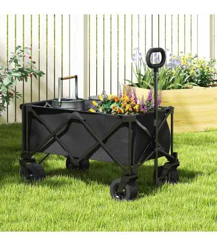 Carrito de Jardín Plegable con Ruedas Grandes Todo Terreno y Mango Ajustable Carga 100 kg para Campaña Compra Negro