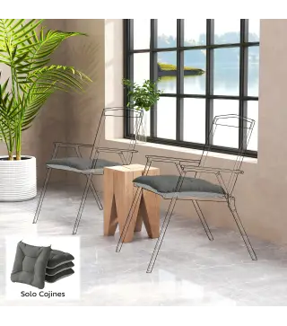 Set de 4 Cojines para Sillas para Jardín con Lazos y Base Antideslizante Impermeables 39,5x39,5x10 cm Gris Oscuro