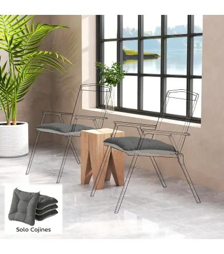 Set de 4 Cojines para Sillas para Jardín con Lazos y Base Antideslizante Impermeables 39,5x39,5x10 cm Gris Oscuro