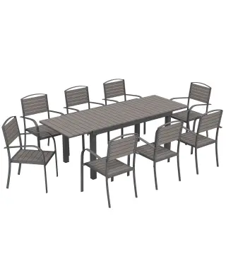 Conjunto de Mesa y Sillas Jardín con Mesa Extensible Marco de Aluminio 8 Sillas y Tablero de Lamas de Madera Plástica