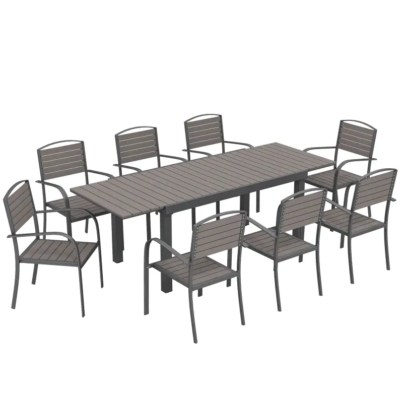 Conjunto de Mesa y Sillas Jardín con Mesa Extensible Marco de Aluminio 8 Sillas y Tablero de Lamas de Madera Plástica