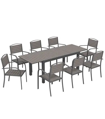 Conjunto de Mesa y Sillas Jardín con Mesa Extensible Marco de Aluminio 8 Sillas y Tablero de Lamas de Madera Plástica