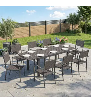 Conjunto de Mesa y Sillas Jardín con Mesa Extensible Marco de Aluminio 8 Sillas y Tablero de Lamas de Madera Plástica