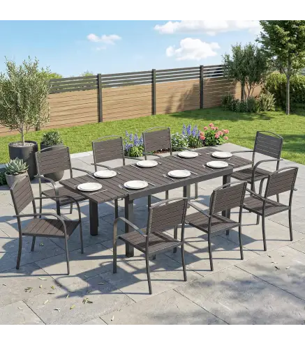 Conjunto de Mesa y Sillas Jardín con Mesa Extensible Marco de Aluminio 8 Sillas y Tablero de Lamas de Madera Plástica