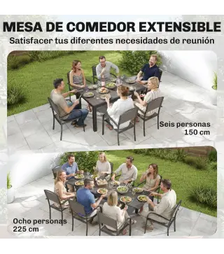 Conjunto de Mesa y Sillas Jardín con Mesa Extensible Marco de Aluminio 8 Sillas y Tablero de Lamas de Madera Plástica