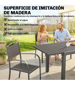 Conjunto de Mesa y Sillas Jardín con Mesa Extensible Marco de Aluminio 8 Sillas y Tablero de Lamas de Madera Plástica