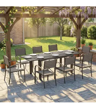 Conjunto de Mesa y Sillas Jardín con Mesa Extensible Marco de Aluminio 8 Sillas y Tablero de Lamas de Madera Plástica
