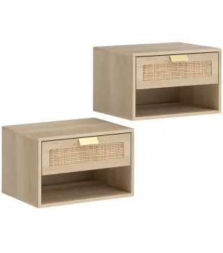 Juego de 2 Mesitas de Noche Flotantes con Cajón de Ratán Estante Abierto Ahorra Espacio 40x30x25 cm Roble