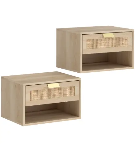 Juego de 2 Mesitas de Noche Flotantes con Cajón de Ratán Estante Abierto Ahorra Espacio 40x30x25 cm Roble