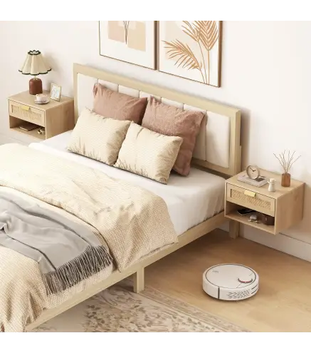 Juego de 2 Mesitas de Noche Flotantes con Cajón de Ratán Estante Abierto Ahorra Espacio 40x30x25 cm Roble