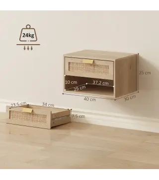 Juego de 2 Mesitas de Noche Flotantes con Cajón de Ratán Estante Abierto Ahorra Espacio 40x30x25 cm Roble