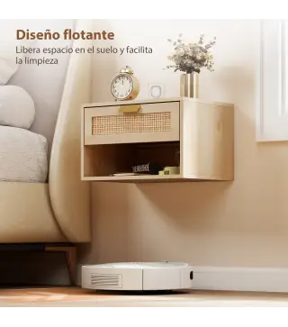 Juego de 2 Mesitas de Noche Flotantes con Cajón de Ratán Estante Abierto Ahorra Espacio 40x30x25 cm Roble