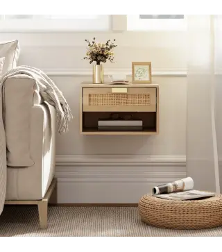 Juego de 2 Mesitas de Noche Flotantes con Cajón de Ratán Estante Abierto Ahorra Espacio 40x30x25 cm Roble