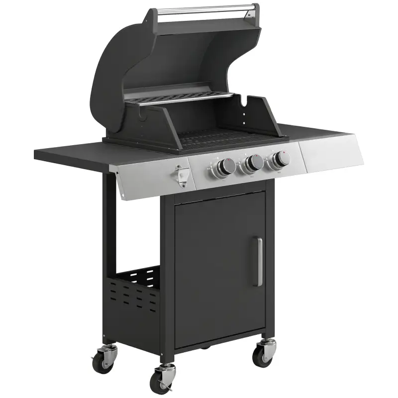 Barbacoa de Gas con 3 Quemadores 8,1 kW Termómetro Parrillas Mesas Laterales Armario y Ruedas 109x50x109 cm Negro