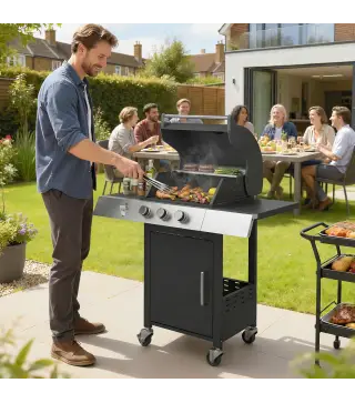 Barbacoa de Gas con 3 Quemadores 8,1 kW Termómetro Parrillas Mesas Laterales Armario y Ruedas 109x50x109 cm Negro