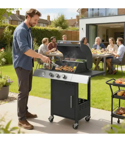 Barbacoa de Gas con 3 Quemadores 8,1 kW Termómetro Parrillas Mesas Laterales Armario y Ruedas 109x50x109 cm Negro