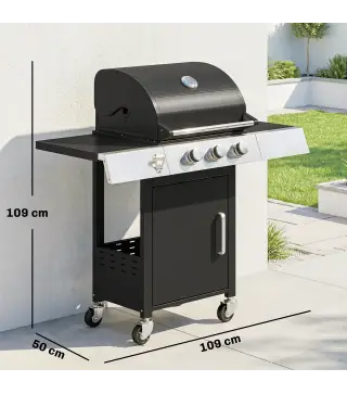 Barbacoa de Gas con 3 Quemadores 8,1 kW Termómetro Parrillas Mesas Laterales Armario y Ruedas 109x50x109 cm Negro