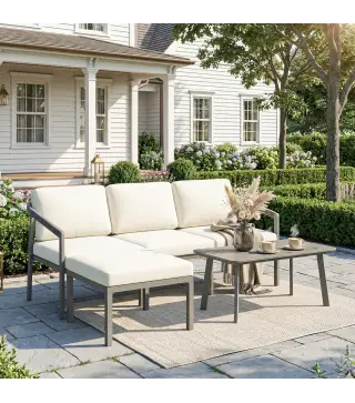 Conjunto de Jardín Exterior de 3 Piezas con Sofá de 3 Plazas Reposapiés Mesa de Centro y Cojines Marrón y Beige