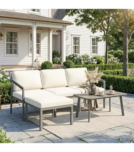 Conjunto de Jardín Exterior de 3 Piezas con Sofá de 3 Plazas Reposapiés Mesa de Centro y Cojines Marrón y Beige